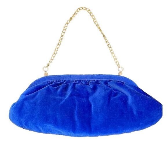 Beautiful Colbat Blue Velvet and Gold Accent Clutch Purse with Matching Gloves - Picture 1 of 16